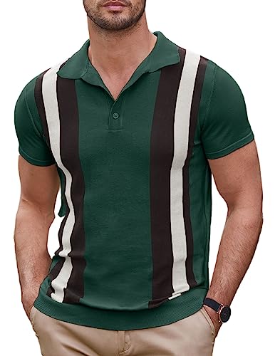 Coofandy Men's Knit Polo Shirt Short Sleeve Vintage Striped Golf Shirt, Green & Black, Medium