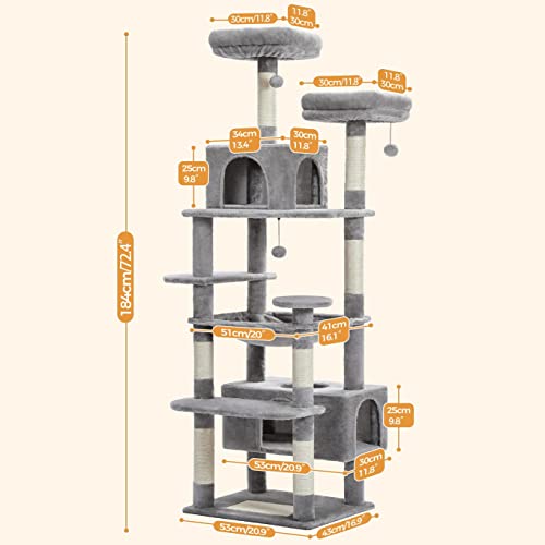 PAWZ Road Large Cat Tree, 72 Inches Cat Tower for Large Cats, Cat Condo with Sisal-Covered Scratching Posts and Pads, 2 Padded Perch, Dual Condo and Basket for Indoor Cats-Gray (AM01-AMT0204GY)