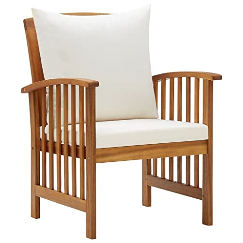 vidaXL Solid Acacia Wood Garden Chairs - Set of 2 with Cushions - Oil Finished Wooden Patio Furniture for Outdoors, Cream White Cushions