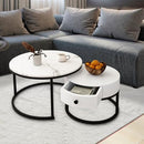 Luxsuite Round Nesting Coffee Table Set of 2 Bedside Stacking Faux Marble Look Accent Tables Soft Side Table Set with Drawer Living Room Furniture White
