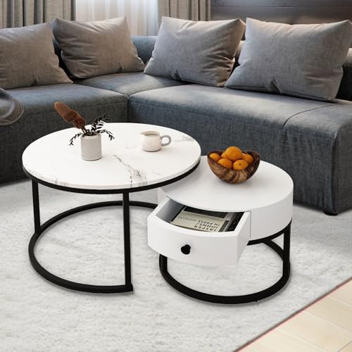 Luxsuite Round Nesting Coffee Table Set of 2 Bedside Stacking Faux Marble Look Accent Tables Soft Side Table Set with Drawer Living Room Furniture White