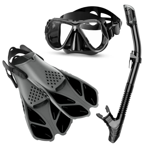 Zenoplige Mask Fins Snorkel Set Adults Men Women, Swim Goggles 180 Panoramic View Anti-Fog Anti-Leak Dry Top Snorkel and Dive Flippers Kit with Gear Bag for Snorkeling Swimming Scuba Diving Training