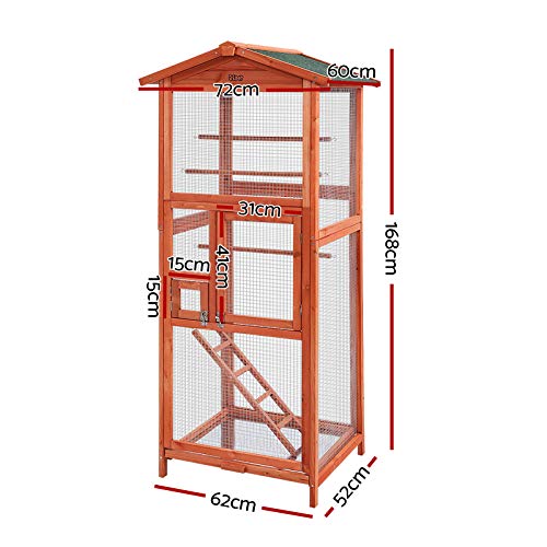 i.Pet Bird Cage Wooden Large Pet Cages, Aviary Hutch Budgie Parrot Stand Toy Perch Enclosure, Outdoor Metal Door Roof Indoor Weatherproof Canary Cockatoo