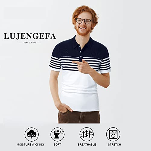LUJENGEFA Mens Polo Shirt Stripe Short Sleeve Regular Tops Classic Casual Golf Contrast Color T-Shirt White