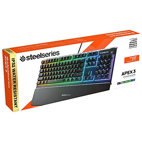 SteelSeries Apex 3 Whisper Quiet IP32 Water & Dust-Resistant Gaming Keyboard - Prism 10-Zone RGB Illumination - Premium Magnetic Wrist Rest