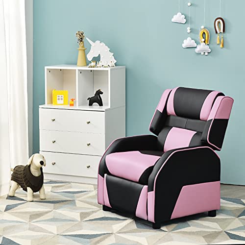 Kids Recliner Chair, Adjustable Recliner Sofa w/Footrest, Headrest & Lumbar Support, w/ Padded Seat, Ergonomic PU Leather Children Armchair for Living & Gaming Room, Racing Style Kids Lounge Couch for Boys & Girls Gift, Pink & Black