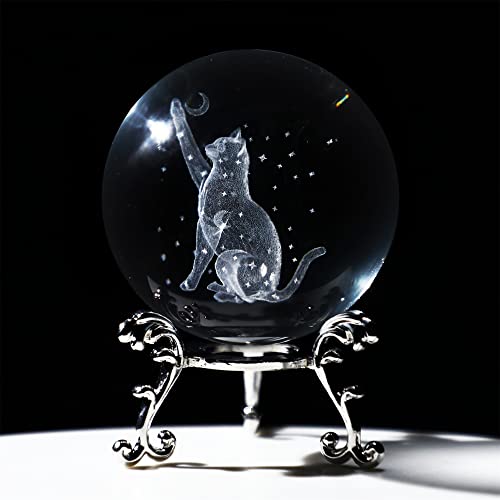 ZEERSHEE 60mm 3D Cat Crystal Ball Figurine Glass Laser Engraved Cat Moon Star Crystal Ball with Stand Glass Sphere Paperweights Cat Gifts for Cat Lovers Women