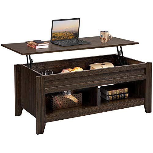 Yaheetech Lift Top Coffee Table with Hidden Storage Compartment & 2 Open Shelves, Rising Tabletop Pop Up Center Table for Living Room Reception Room, 47.5'' L, Espresso