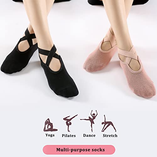 Black Pink Yoga Socks for Women Non Slip Full Toe Socks with Grips for Pilates Barre Ballet Dance Workout Fitness