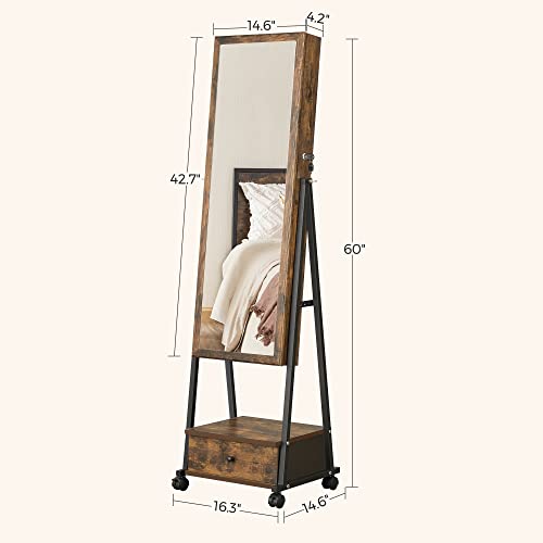 SONGMICS Jewelry Cabinet Floor Standing, Lockable Jewelry Organizer with High Full-Length Mirror, Bottom Drawer, Shelf, Wheels, Christmas gifts, Rustic Brown and Black UJJC004X01