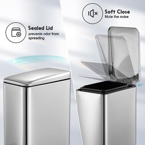 Small Waste Garbage Pedal Rubbish Bin Stainless Steel Slim Trash Can Rectangular Soft Close Lid Kitchen Bathroom 5L Sliver