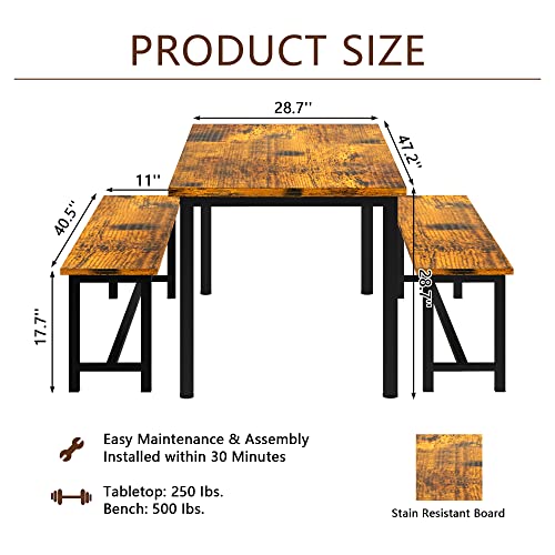 AWQM Dining Room Table Set, Kitchen Table Set with 2 Benches, Ideal for Home, Kitchen and Dining Room, Breakfast Table of 47.2x28.7x29.5 inches, Benches of 41.3x11.8x17.7 inches, Rustic Brown