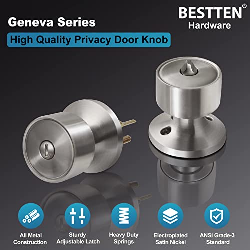 [10 Pack] BESTTEN Privacy Door Knobs with Removable Latch Plate, Geneva Series Interior Keyless Doorknobs for Bedroom or Bathroom, All Metal, Satin Nickel