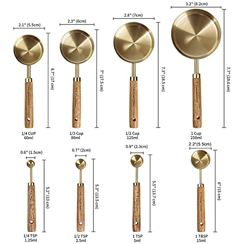 8Pcs Measure Cup and Spoon Set with Wooden Handle Gold Measuring Cup Spoon Set Stainless Steel Stackable Kitchen and Baking Measurement Kitchen Accessories for Home Kitchen Party