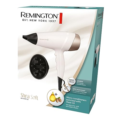 Remington Shea Soft Hair Dryer, D4740AU, Enriched with Shea Oil for Sleek, Smooth Hair, Ionic Technology, 3 Heat & 2 Speed Settings, White & Gold
