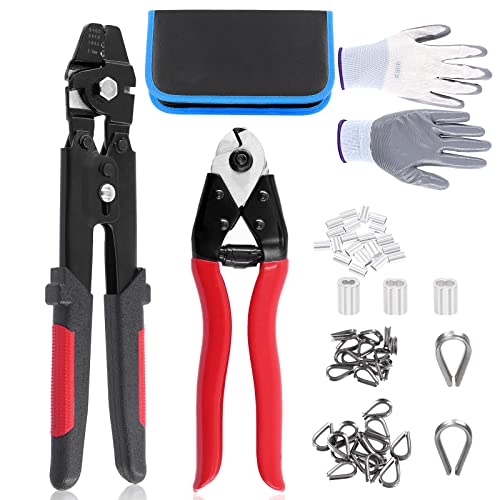 Glarks 83Pcs Up To 2.2mm Wire Rope Crimping Tool and Cable Cutter Aluminum Loop Sleeves & Stainless Steel Thimbles with Anti-Cutting Gloves Assortment Kit (Black) Black,transparent (G-2781)