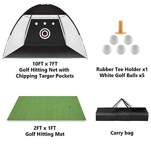 Golf Practice Net, 10x7ft Golf Hitting Training Aids Nets with Target and Carry Bag for Backyard Driving Chipping - 1 Golf Mat -5 Golf Balls - 1 Golf Tees- Men Kids Indoor Outdoor Sports Game