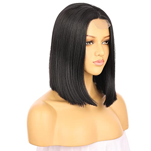 Black Synthetic Hair Lace Wig,14 Inch Bob Style 150% Hair Density Hand Made Women Wig