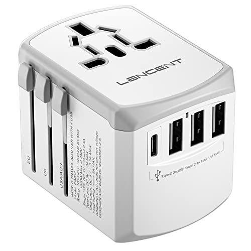 LENCENT Universal Travel Adapter, International Charger with 3 USB Ports and Type-C PD Fast Charging Adaptor for Mobile Phone, Tablet, Gopro. for 200 Countries Type A/C/G/I (USA, UK, EU AUS), White