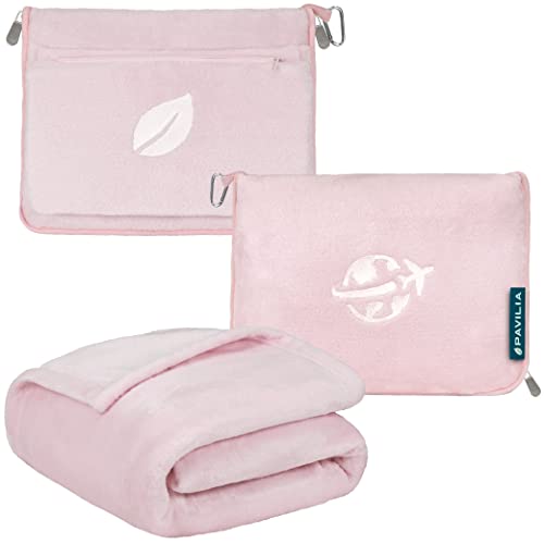 PAVILIA Travel Blanket and Pillow Set, Airplane Blanket Compact 2-in-1 Soft Bag, Travel Essentials for Adult Flight, Portable Throw with Arm Hole, Plane Car Traveling Gift Accessories, Pink