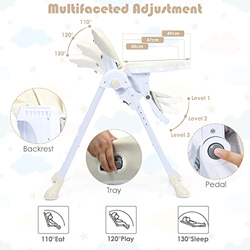 BABY JOY Baby High Chair, Folding Highchair for Toddlers w/Adjustable Height, Recline Backrest & Footrest, Portable High Chair Baby Dinning Chair w/Wheels, Removable PU Leather Seat (Beige)