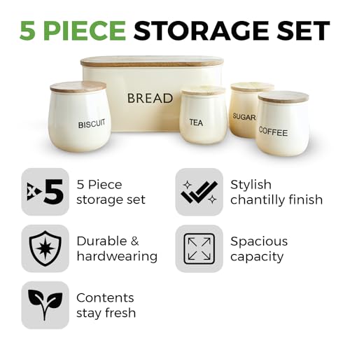Tower, T826212CHA, 5 Piece Storage Set, Bread Bin, Biscuit Tin, 3 Storage Canisters. Airtight Lids, Chantilly