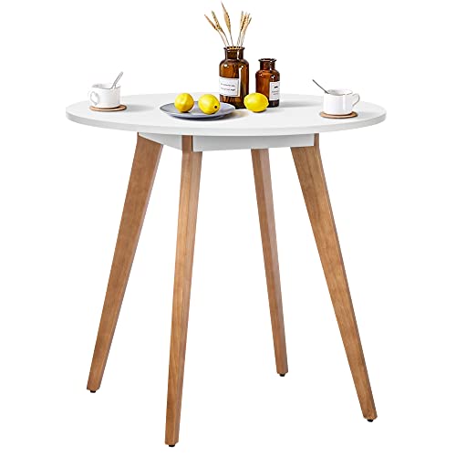 Comfy to go Small Kitchen Table - 31.5" Round Dining Table, White Table with Walnut Wood Finish, Mid Century Modern Style for Dinning, Dinner, Breakfast, Narrow Space, 2 to 4 People (White) Table Only
