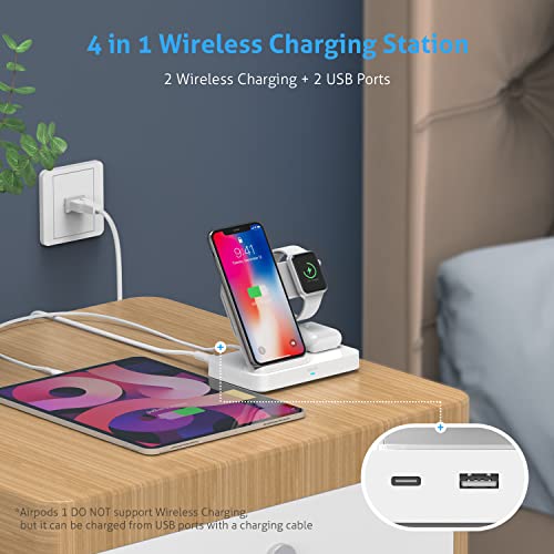 SooPii 4 in 1 Wireless Charging Station with 2 USB Ports, with Built-in QC 3.0 AC Adapter with Apple Watch Holder, Compatible with Apple Watch Charger Series,QI Certified 15W max Wireless Charging