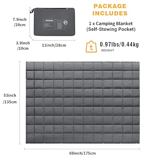 KingCamp Black Packable Lightweight Travel Down Alternative Warm Camping Blanket, Compact Outdoor Waterproof Insulated Blanket for Airplane, Hiking, Backpacking, Stadium, Park