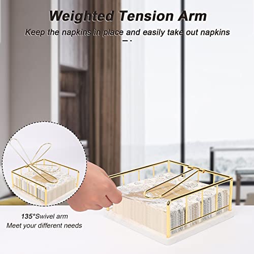 Livabber Flat Napkin Holder with Marble Base, All Metal Kitchen Napkin Holder with Weighted Tension Arm Rustic Tissue Paper Dispenser for Countertop, Table Kitchen, Dining Room (Gold)