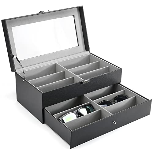 [12 Slots] ProCase Sunglasses Organizer for Women Man, PU Leather Eyeglass Eyewear Storage Display Case, 2-Layer with Drawer and Glass Lid, Glasses Collector Box -Black