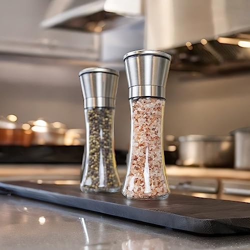 Ausgen Salt and Pepper Grinder Set Pack of 2 - Premium Stainless Steel Salt and Pepper Mill with Glass Body and Adjustable Coarseness - Large Size Spice Shaker with Cleaning Brush