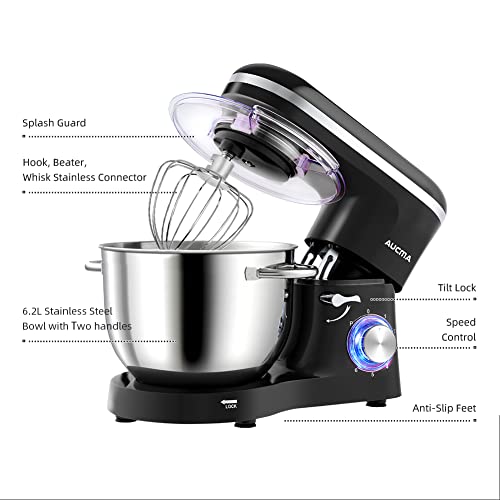 Aucma Stand Mixer, 6.2L Food Mixers for Baking, Electric Kitchen Mixers with Bowl, Dough Hook, Wire Whip & Beater (6.2L, Black)