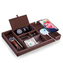 Mens Valet Tray, Leather Nightstand Organizer box with Charging Station for Men and Women,Catchall Tray EDC Dump Tray with 6 Compartments for Wallet Key Phone,Brown