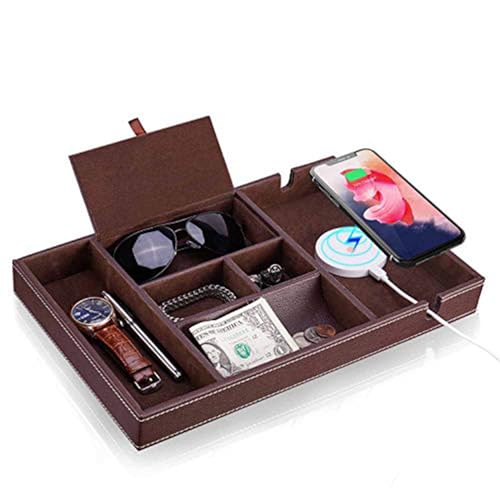 Mens Valet Tray, Leather Nightstand Organizer box with Charging Station for Men and Women,Catchall Tray EDC Dump Tray with 6 Compartments for Wallet Key Phone,Brown