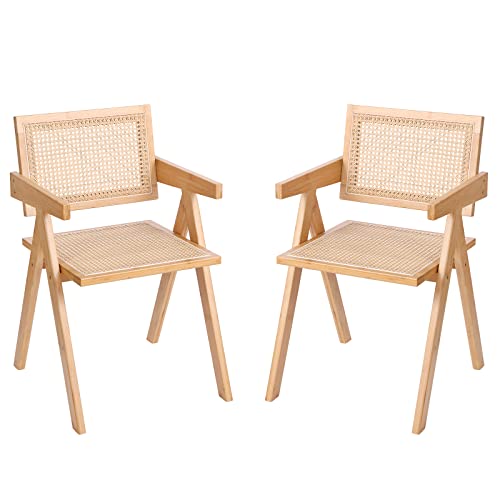 Furlide Rattan Accent Chairs, Modern Mid Century Dining Chairs Set of 2, Comfy Armchairs, Outdoor Rattan Chairs with Armrest for Bedroom Living Room Reading Room Dining Kitchen