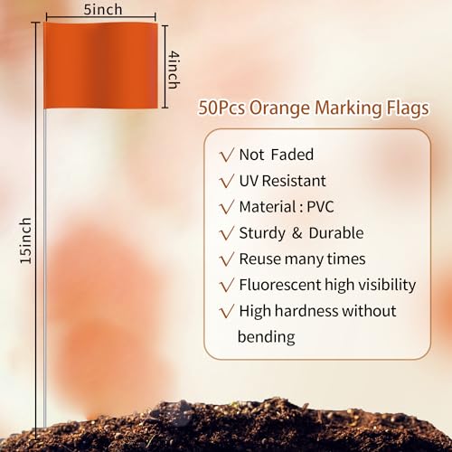 Zozen Marking Flags, Orange Lawn Flags Markers - 50Pack | 15x4x5 Inch, Yard Flags Marking, Marker Flags, Irrigation Flags,Landscape Flags, Sprinkler flags, Match with Measuring Wheel.