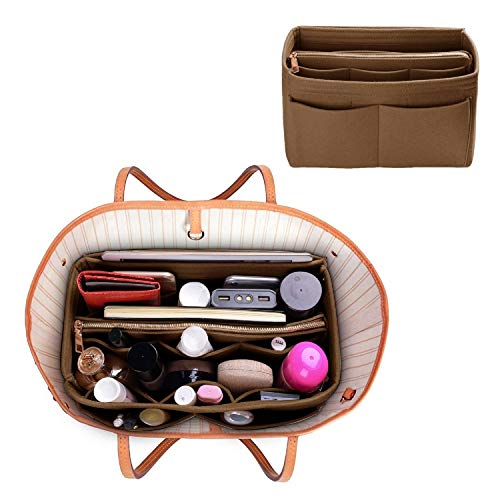 Purse Organizer Insert, Felt Bag organizer with zipper, Handbag & Tote Shaper, For Speedy Neverfull Tote, 5 Sizes (X-Large, Coffee)