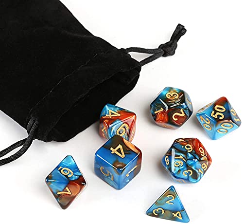 GWHOLE 7 PCS Polyhedral Dice Set Dungeons and Dragons Table Game Dice for D&D, DND, GRP with Black Pouch, Orange & Blue