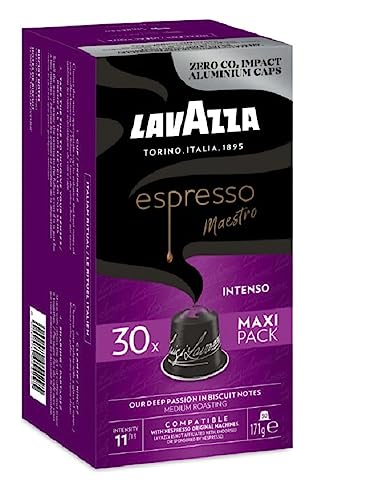 Lavazza, Espresso Maestro Intenso, 30 Aluminium Capsules Compatible With Nespresso Original Machines, Wood, Spice, & Cocoa Notes, Arabica & Robusta, Intensity 11/13, Medium Roasting, Zero CO2 Impact