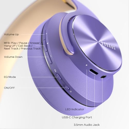 DOQAUS Bluetooth Headphones Over Ear, 52 Hours Playtime Wireless Headphones with 3 EQ Modes, Noise Isolating HiFi Stereo Headphones with Deep Bass, Microphone, Soft Earpads for Cellphone/PC (Purple)