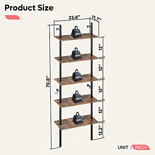 Bestier 70" Industrial Wall-Mounted Ladder Shelf 5 Tier Bookshelf with Storage Organizer Plant Flower Display Stand Round Tube Bookcase Rack with 2 Hooks for Home Office, Rustic Brown