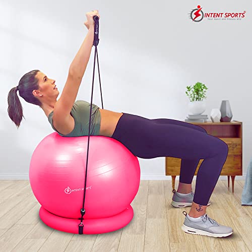 INTENT SPORTS Yoga Ball Chair – Stability Ball with Inflatable Stability Base & Resistance Bands, Fitness Ball for Home Gym, Office, Improves Back Pain, Core, Posture & Balance (65 Cm) (Pink)