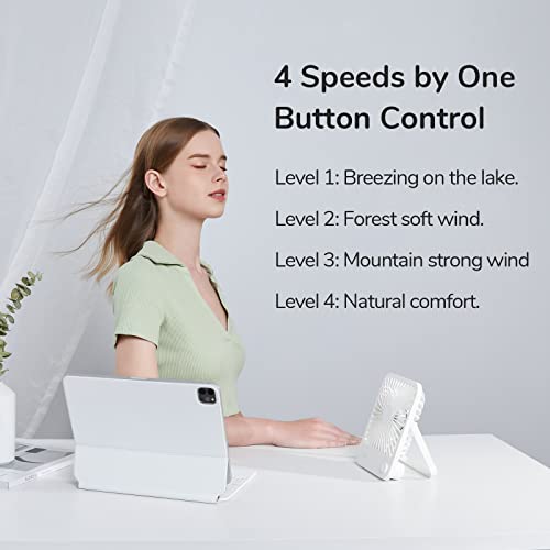 JISULIFE Desk Fan Battery Operated Small Fan，180° Foldable Portable Fan, 4 Speeds Adjustable Ultra Quiet for Home Office Travel Outdoor-White