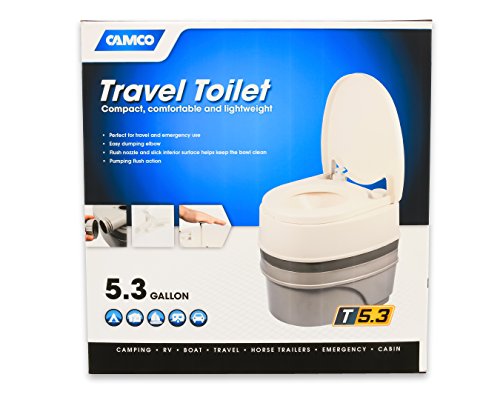 Camco Premium Travel Toilet | Features a 5.3-Gallon Detachable Holding Tank and is Designed for Camping, Hiking, Boating, RVing and More, Acrylonitrile Butadiene Styrene, White & Grey (41544)