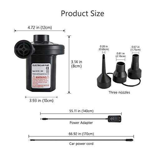 Air Pump Electric Portable Inflator for Inflatable Mattress Pool Boat Raft Swimming Ring Sofa Toy Kayak 100-240V AC/DC 12V with 3 Nozzles