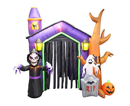 (1, Multi) - 2.6m Halloween Inflatable Haunted House Castle with Skeleton, Ghost & Skulls