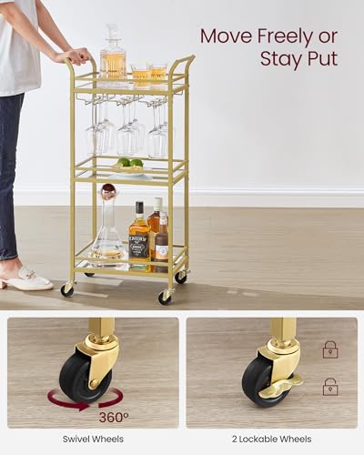 VASAGLE Bar Cart Gold, Home Bar Serving Cart, Small Bar Cart with 3-Tier Mirrored Shelf, Wine Holders, Glass Holders, Mini Bar Cart for Small Spaces, Gold ULRC091A62