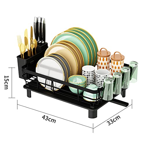 Dynus Dish Drainer,Dish Drying Rack with Anti-Rust Frame and Removable Utensil Holder and Drainboard,Include Cutlery Holder & Cup Holder,Plate Rack Drainer for Kitchen Black