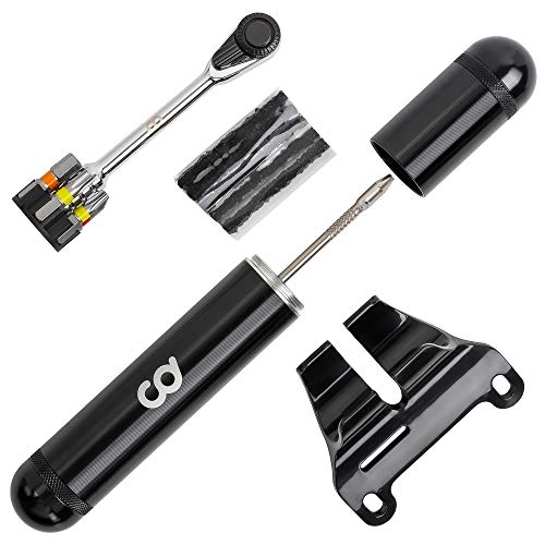 CyclingDeal 2 in 1 Mini Ratchet Bicycle Repair Tool Kit - CNC Alloy Storage Capsule and Bracket - Portable Multi-Tool Wrench- Tubeless MTB Mountain Road Bike Tire Repair Plug Kit